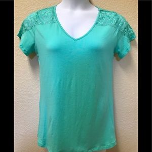 Bright Mint XL V-Neck Cut-Out Back Lace Trim Top